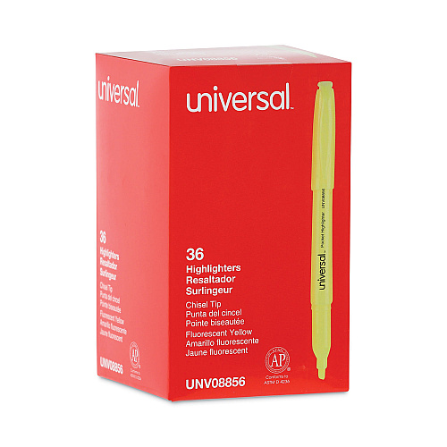 Universal Pocket Highlighter Value Pack, Fluorescent Yellow Ink, Chisel Tip, Yellow Barrel, 36/Pack (UNV08856)