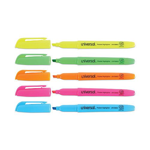 Universal Pocket Highlighters, Assorted Ink Colors, Chisel Tip, Assorted Barrel Colors, Dozen (UNV08857)