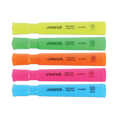 Universal Desk Highlighters, Assorted Ink Colors, Chisel Tip, Assorted Barrel Colors, 5/Set (UNV08860)