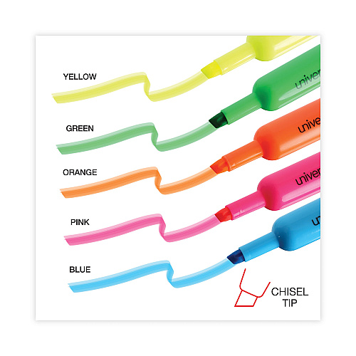 Universal Desk Highlighters, Assorted Ink Colors, Chisel Tip, Assorted Barrel Colors, 5/Set (UNV08860)