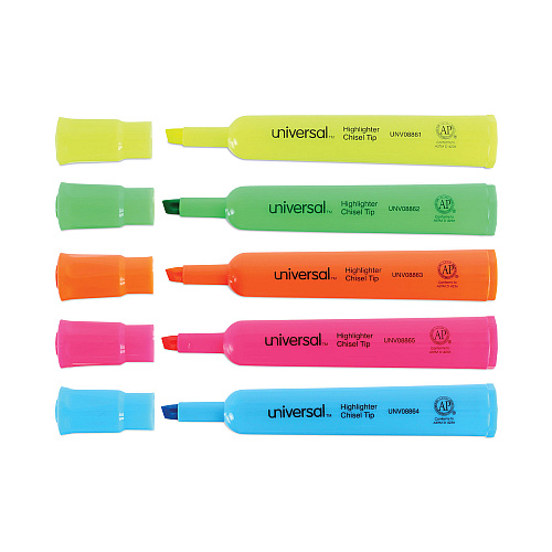 Universal Desk Highlighters, Assorted Ink Colors, Chisel Tip, Assorted Barrel Colors, 5/Set (UNV08860)