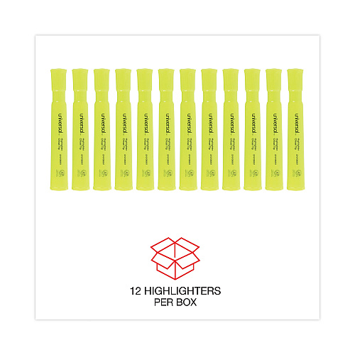 Universal Desk Highlighters, Fluorescent Yellow Ink, Chisel Tip, Yellow Barrel, Dozen (UNV08861)