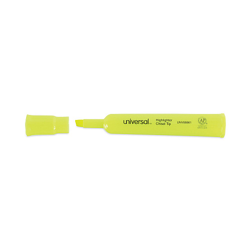 Universal Desk Highlighters, Fluorescent Yellow Ink, Chisel Tip, Yellow Barrel, Dozen (UNV08861)