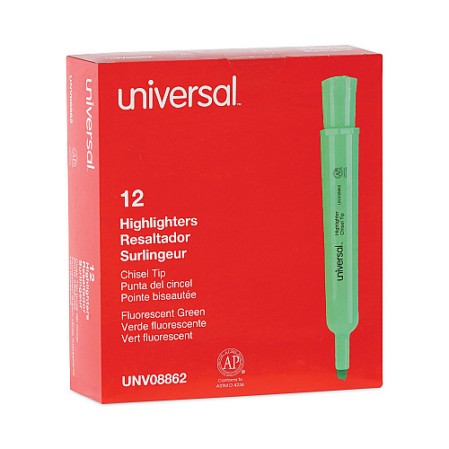 Universal Desk Highlighters, Fluorescent Green Ink, Chisel Tip, Green Barrel, Dozen (UNV08862)
