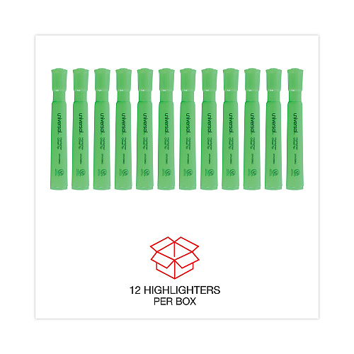 Universal Desk Highlighters, Fluorescent Green Ink, Chisel Tip, Green Barrel, Dozen (UNV08862)