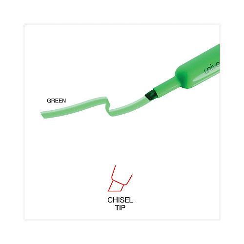 Universal Desk Highlighters, Fluorescent Green Ink, Chisel Tip, Green Barrel, Dozen (UNV08862)