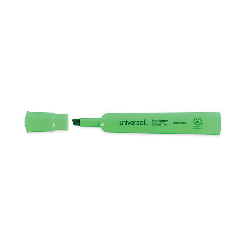 Universal Desk Highlighters, Fluorescent Green Ink, Chisel Tip, Green Barrel, Dozen (UNV08862)