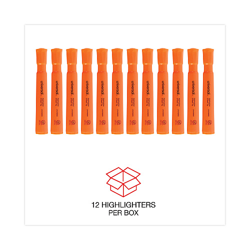 Universal Desk Highlighters, Fluorescent Orange Ink, Chisel Tip, Orange Barrel, Dozen (UNV08863)