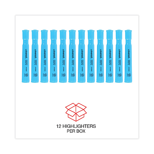 Universal Desk Highlighters, Fluorescent Blue Ink, Chisel Tip, Blue Barrel, Dozen (UNV08864)