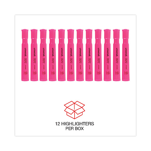 Universal Desk Highlighters, Fluorescent Pink Ink, Chisel Tip, Pink Barrel, Dozen (UNV08865)