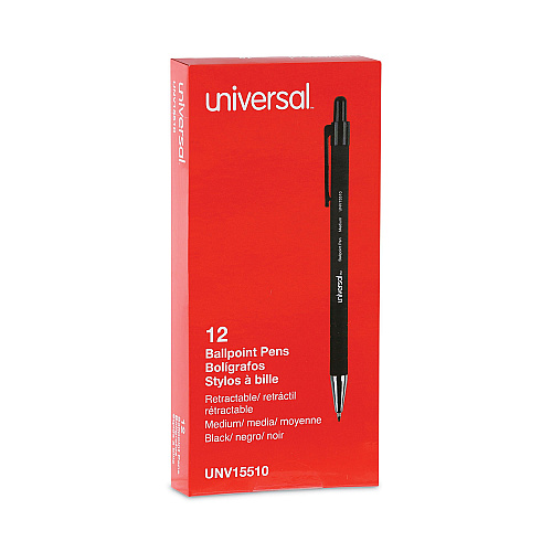 Universal Ballpoint Pen, Retractable, Medium 1 mm, Black Ink, Black Barrel, Dozen (UNV15510)