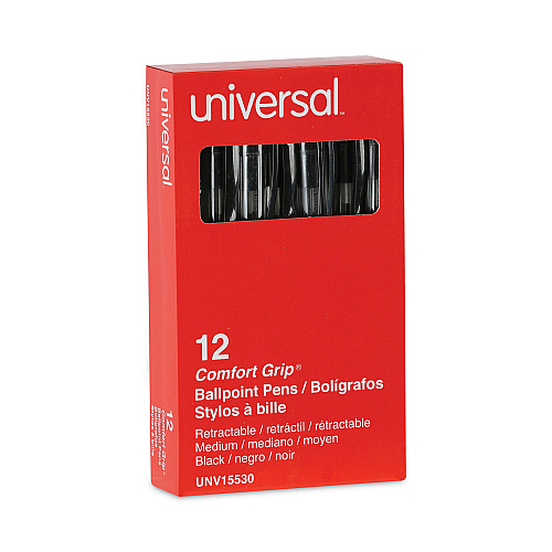 Universal Comfort Grip Ballpoint Pen, Retractable, Medium 1 mm, Black Ink, Clear/Black Barrel, Dozen (UNV15530)