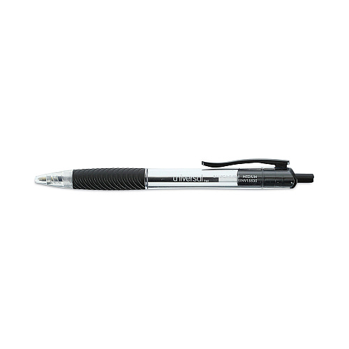 Universal Comfort Grip Ballpoint Pen, Retractable, Medium 1 mm, Black Ink, Clear/Black Barrel, Dozen (UNV15530)