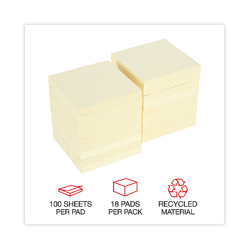 Universal Recycled Self-Stick Note Pads, 3" x 3", Yellow, 100 Sheets/Pad, 18 Pads/Pack (UNV28068)