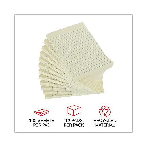 Universal Recycled Self-Stick Note Pads, Note Ruled, 4" x 6", Yellow, 100 Sheets/Pad, 12 Pads/Pack (UNV28073)