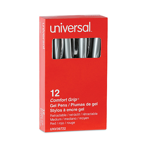 Universal Comfort Grip Gel Pen, Retractable, Medium 0.7 mm, Red Ink, Gray/Red/Silver Barrel, Dozen (UNV39722)