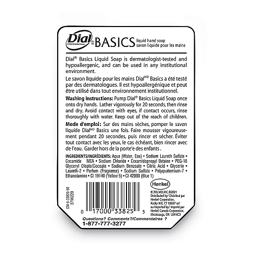 Dial Basics MP Free Liquid Hand Soap Refill for Versa Dispenser, Unscented, 15 oz, 6/Carton (33827)