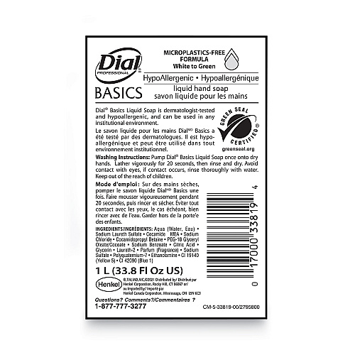 Dial Basics MP Free Liquid Hand Soap Refill, Unscented, 1 L, 8/Carton (33821)