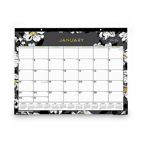 Blue Sky Baccara Dark Desk Pad, Floral Artwork, 22 x 17, White/Black/Gold Sheets, Black Binding, 12-Month (Jan to Dec): 2026 (110215)