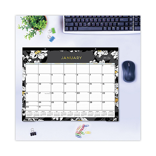 Blue Sky Baccara Dark Desk Pad, Floral Artwork, 22 x 17, White/Black/Gold Sheets, Black Binding, 12-Month (Jan to Dec): 2026 (110215)