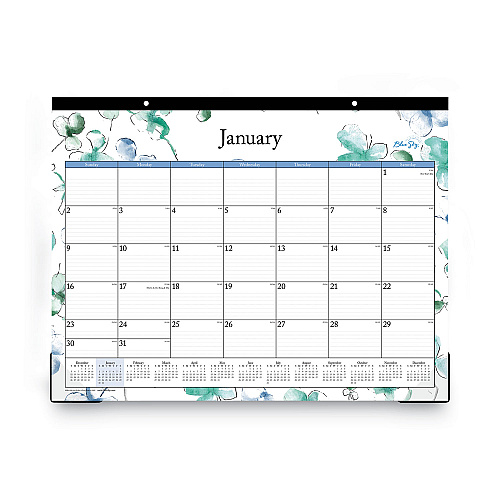 Blue Sky Lindley Desk Pad, Floral Artwork, 22 x 17, White/Blue/Green Sheets, Black Binding, Clear Corners, 12-Month (Jan to Dec): 2025 (100018)