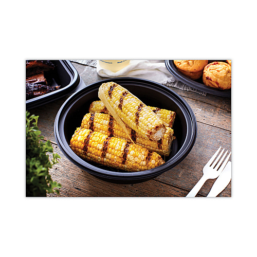 Pactiv EarthChoice MealMaster Container with Lid, 32 oz, 8" dia x 2.12" h, 1-Compartment, Black/Clear, Plastic, 250/Carton (0CN8083200BL)