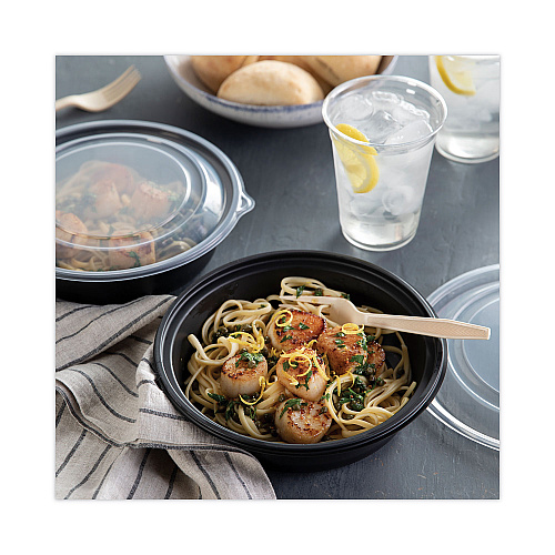Pactiv EarthChoice MealMaster Container with Lid, 32 oz, 8" dia x 2.12" h, 1-Compartment, Black/Clear, Plastic, 250/Carton (0CN8083200BL)
