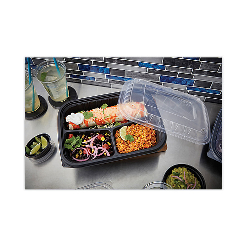 Pactiv EarthChoice Entree2Go Takeout Container, 3-Compartment, 48 oz, 11.75 x 8.75 x 2.13, Black, Plastic, 200/Carton (YCNB12X95203)