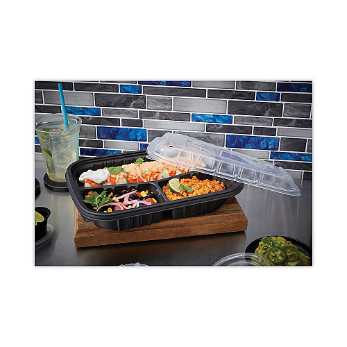 Pactiv EarthChoice Entree2Go Takeout Container, 3-Compartment, 48 oz, 11.75 x 8.75 x 2.13, Black, Plastic, 200/Carton (YCNB12X95203)