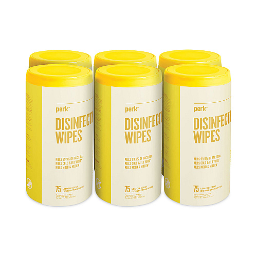 Perk Disinfecting Wipes, 7 x 8, Lemon, White, 75 Wipes/Canister, 6 Canisters/Carton (56665CT)