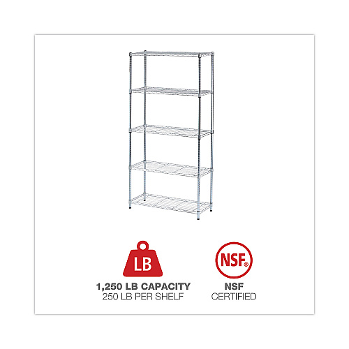Alera Residential Wire Shelving, Five-Shelf, 36w x 14d x 72h, Silver (ALESW853614SR)
