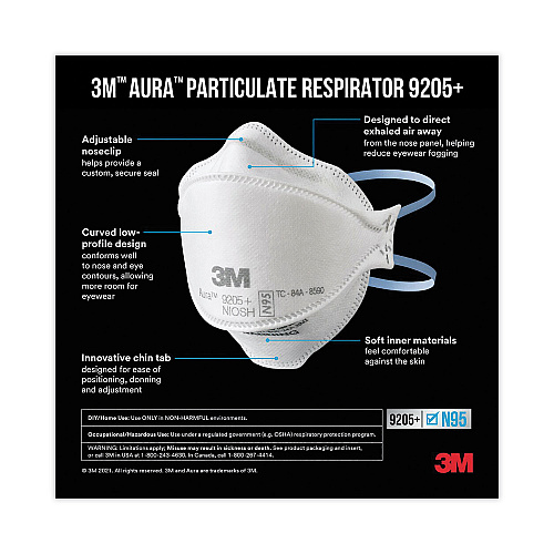 3M Aura Particulate Respirator 9205+, N95, One Size Fits All, 20/Pack (9205PH20DC)