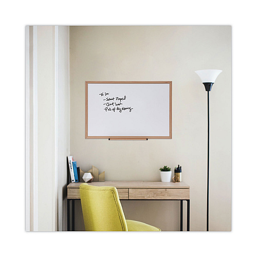 Universal Deluxe Melamine Dry Erase Board, 36 x 24, Melamine White Surface, Oak Fiberboard Frame (UNV43619)