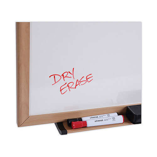 Universal Deluxe Melamine Dry Erase Board, 36 x 24, Melamine White Surface, Oak Fiberboard Frame (UNV43619)