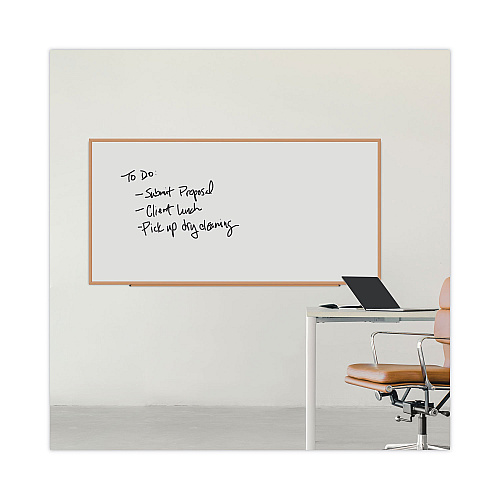 Universal Deluxe Melamine Dry Erase Board, 96 x 48, Melamine White Surface, Oak Fiberboard Frame (UNV43620)