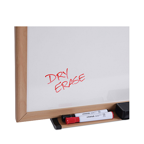 Universal Deluxe Melamine Dry Erase Board, 72 x 48, Melamine White Surface, Oak Fiberboard Frame (UNV43621)