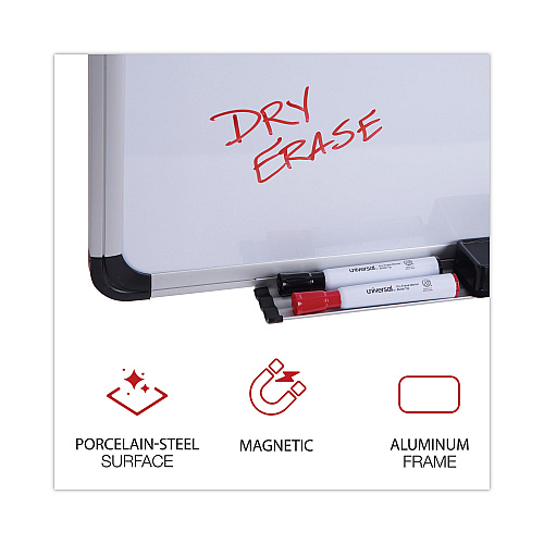 Universal Deluxe Porcelain Magnetic Dry Erase Board, 48 x 36, White Surface, Silver/Black Aluminum Frame (UNV43842)