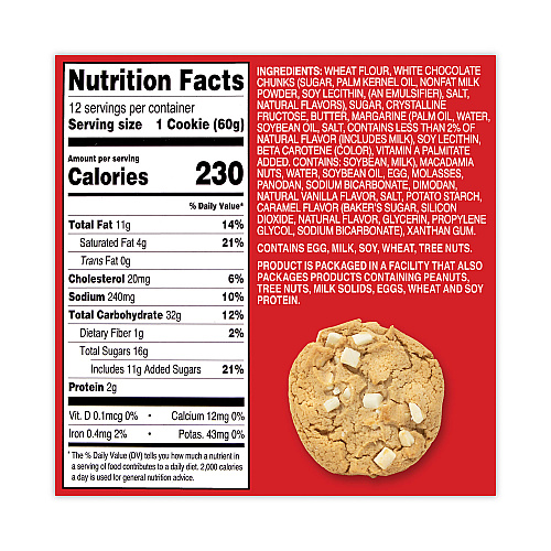Mrs. Fields White Chunk Macadamia Cookies, 2.1 oz, Individually Wrapped Pack, White Chocolate, 12/Carton (20900470)