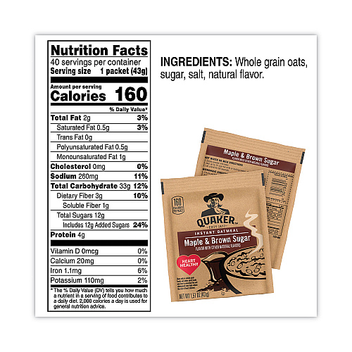 Quaker Instant Oatmeal, Maple and Brown Sugar, 1.51 oz Packet, 40/Carton (22000754)