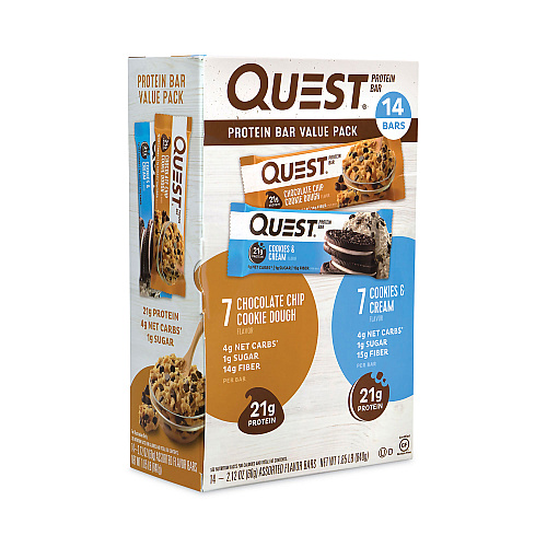 Quest Protein Bar Value Pack, Chocolate Chip Cookie Dough, Cookies and Cream, 2.12 oz Bar, 14/Carton (22000966)