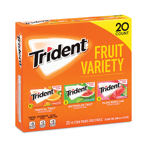 Trident Sugar-Free Gum, Fruit Variety, 14 Pieces/Pack, 20 Packs/Carton (22000891)