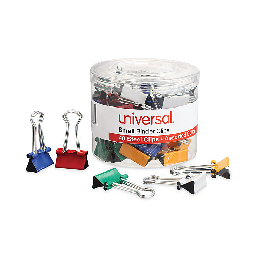 Universal Binder Clips with Storage Tub, Small, Assorted Colors, 40/Pack (UNV31028)