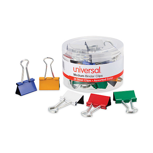 Universal Binder Clips with Storage Tub, Medium, Assorted Colors, 24/Pack (UNV31029)