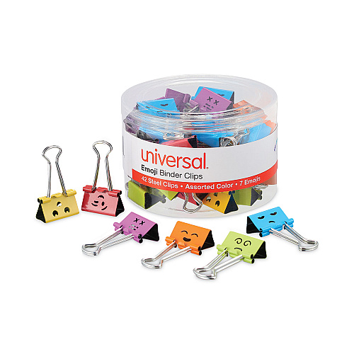 Universal Emoji Themed Binder Clips with Storage Tub, Medium, Assorted Colors, 42/Pack (UNV31031)