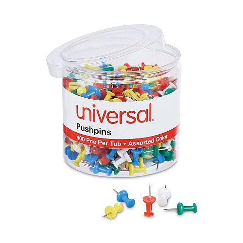 Universal Colored Push Pins, Plastic, Assorted, 0.38", 400/Pack (UNV31314)