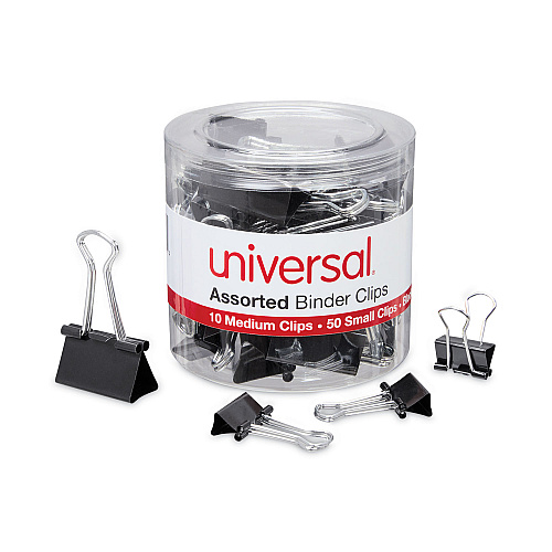 Universal Binder Clips with Storage Tub, (50) Small (0.75"), (10) Medium (1.25"), Black/Silver (UNV11160)