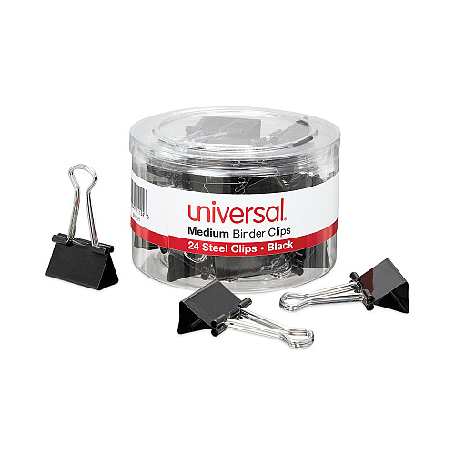 Universal Binder Clips with Storage Tub, Medium, Black/Silver, 24/Pack (UNV11124)