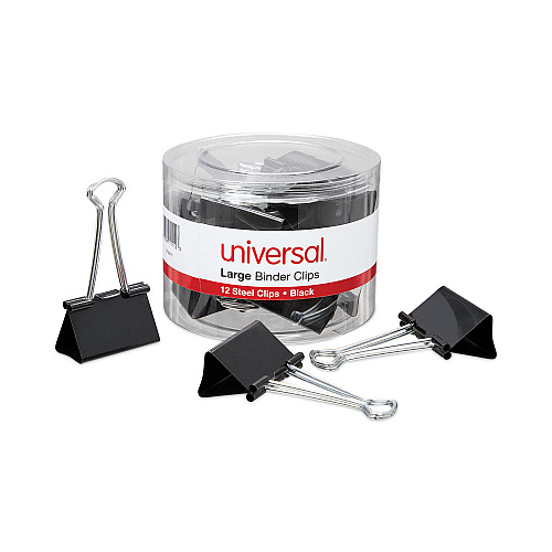 Universal Binder Clips with Storage Tub, Large, Black/Silver, 12/Pack (UNV11112)
