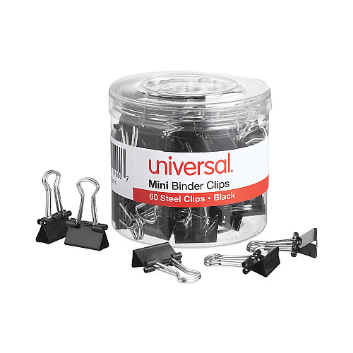 Universal Binder Clips with Storage Tub, Mini, Black/Silver, 60/Pack (UNV11060)