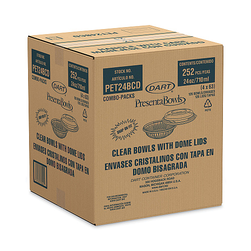 Dart PresentaBowls Bowl/Lid Combo-Paks, 24 oz, 7.25 Diameter x 2.38 h, Clear, Plastic, 63/Pack, 2 Pack/Carton (PET24BCD)